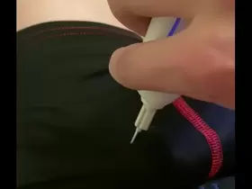 Barley legal teen uses toothbrush to cum in boxers