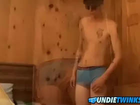 Skinny young twink cums in his underwear while jerking off